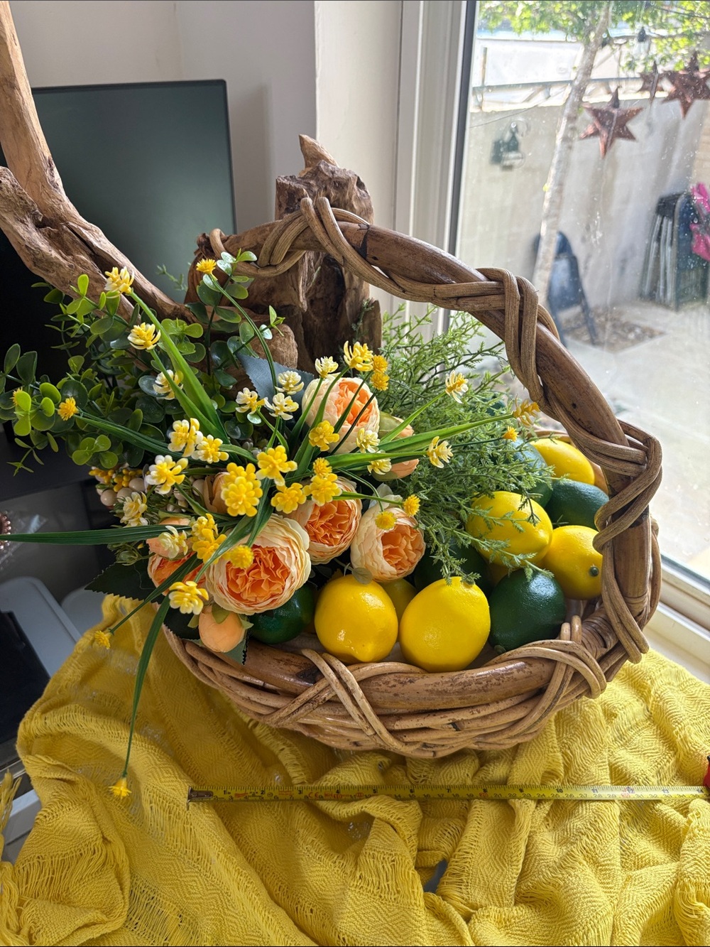 Sunny Citrus & Floral Woven Basket vintage Accent - Yellow